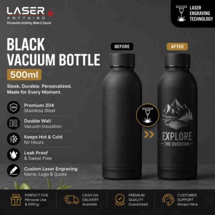Personalized Matte Black Vacuum Bottle (500ml) | Custom Name Laser Engraving