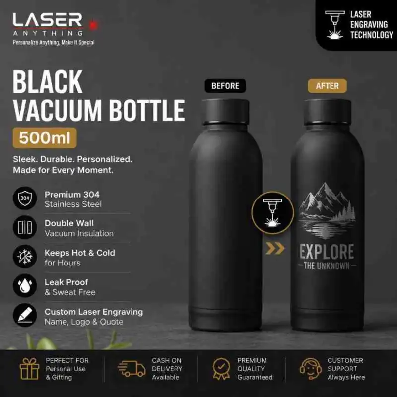 Personalized Matte Black Vacuum Bottle (500ml) | Custom Name Laser Engraving