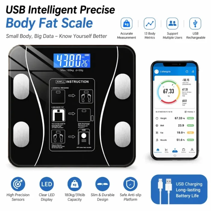 1Pcs USB Smart Body Fat Scale Rechargeable Digital Scale - Image 1