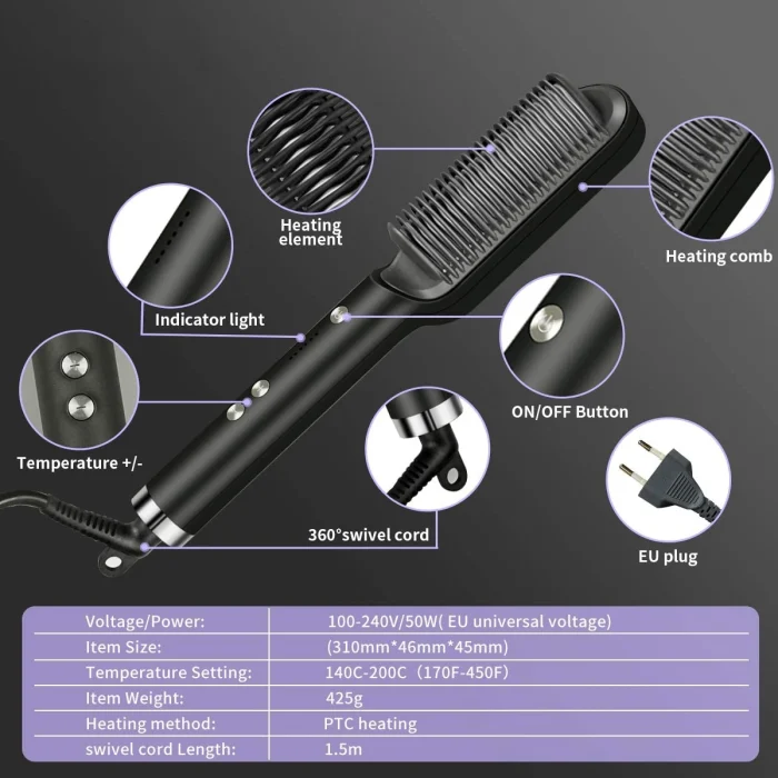 Hair Straightener Brush Hot Comb Ionic Straightening Brush with Anti Scald Fast Ceramic Heating Portable Hot Straightening Comb - Image 3
