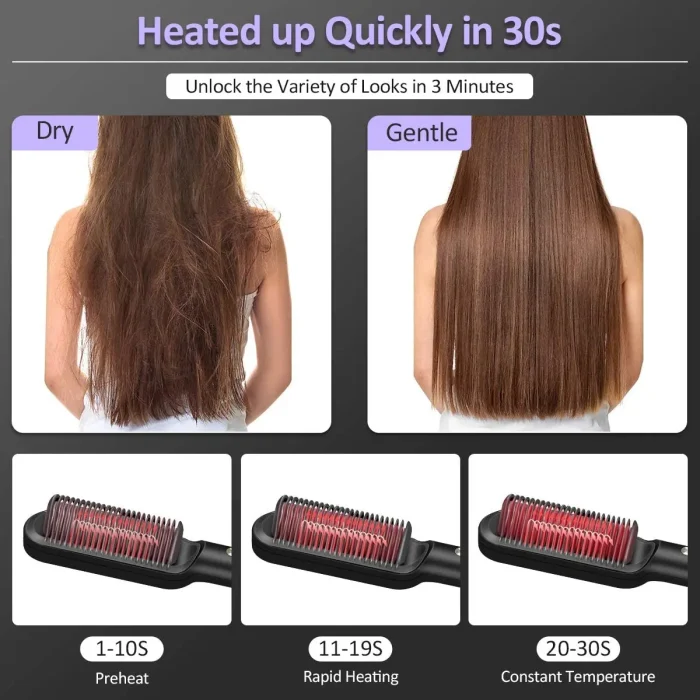 Hair Straightener Brush Hot Comb Ionic Straightening Brush with Anti Scald Fast Ceramic Heating Portable Hot Straightening Comb - Image 6