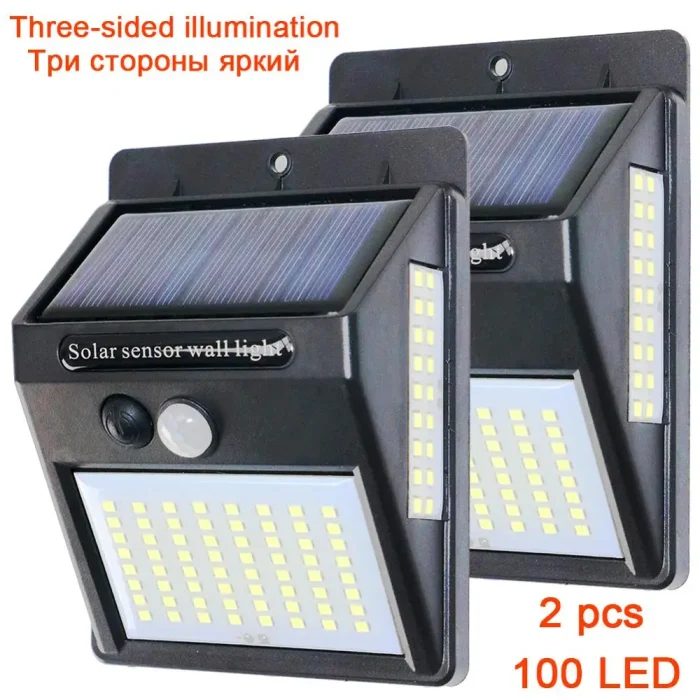 PIR Motion Sensor 100LED Sunlight Control 3 Sided Solar Energy Street Light Yard Path Home Garden Solar Power Lamp Wall Light - Image 7