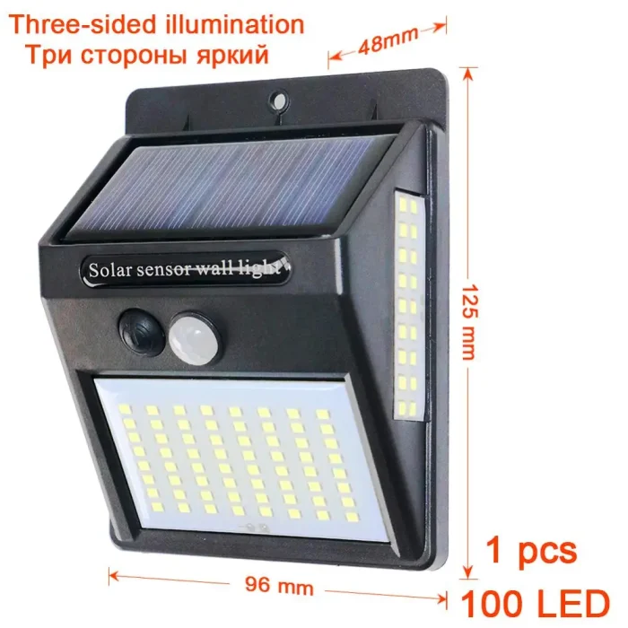 PIR Motion Sensor 100LED Sunlight Control 3 Sided Solar Energy Street Light Yard Path Home Garden Solar Power Lamp Wall Light - Image 6
