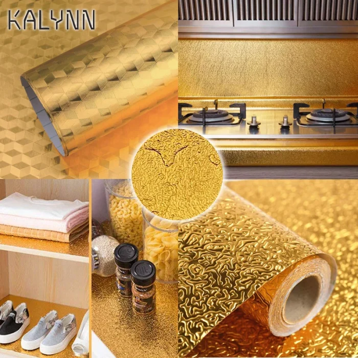 Gold Self Adhesive Wallpaper Metal Look Kitchen Oil Waterproof Contact Paper Peel and Stick DIY Decor Shelf Liner Sticker  1-10M - Image 1