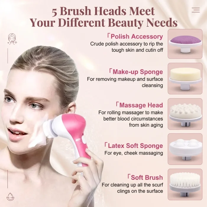 Electric 5-in-1 Facial Cleansing Brush, Multi-functional Rotating Massage Pore Cleansing Beauty Device Pore Cleaner - Image 4