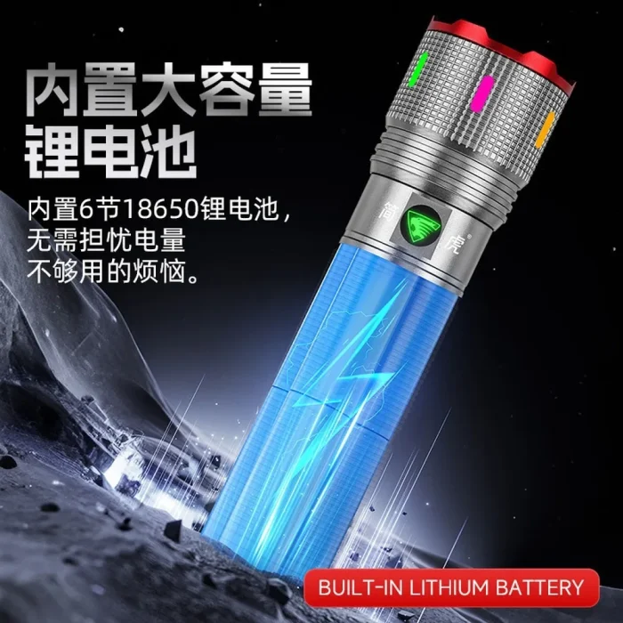 Silver Zoomable Flashlight, COB Side Light, High Lumens, Rechargeable, Power Display - Image 4