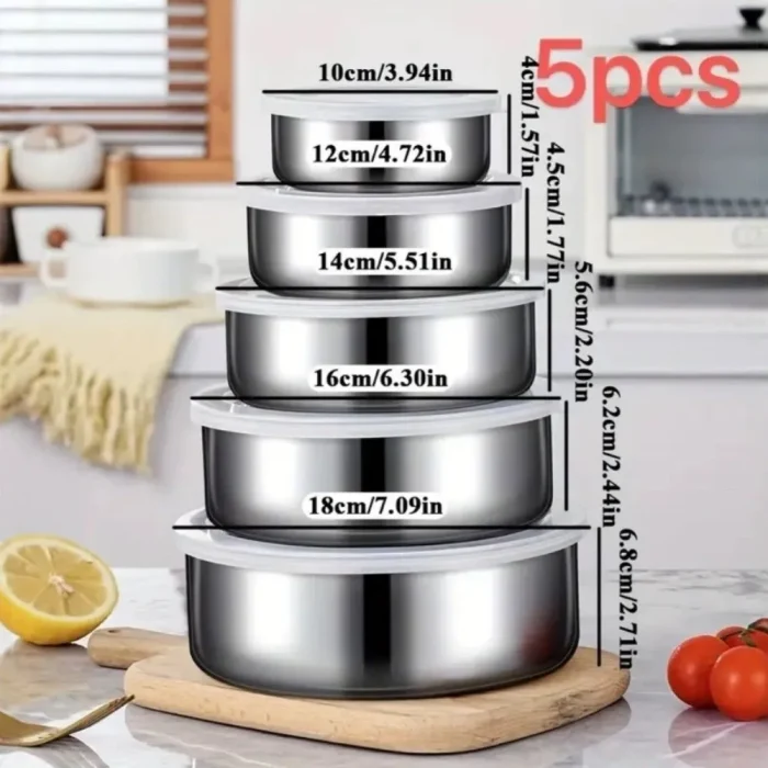 5pcs Stainless Steel Salad Bowl Set with Lid 230/400/600/1000/1200ML Food Storage Container Rust Resistant Fresh Keeping - Image 6