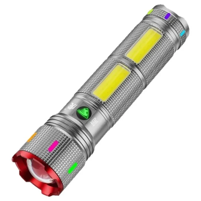 Silver Zoomable Flashlight, COB Side Light, High Lumens, Rechargeable, Power Display - Image 5