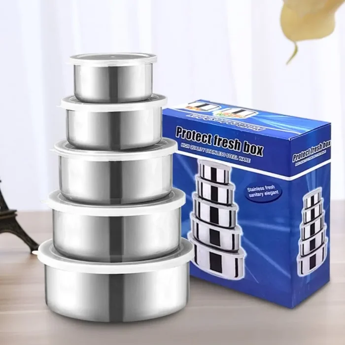 5pcs Stainless Steel Salad Bowl Set with Lid 230/400/600/1000/1200ML Food Storage Container Rust Resistant Fresh Keeping - Image 1